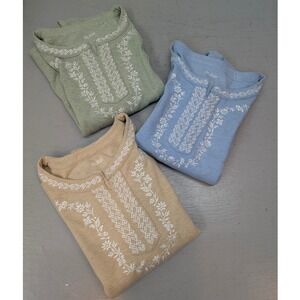 3pc Blair 3/4 Sleeve Embroidered Tunic Top Women's L Resort Vacation Split Neck